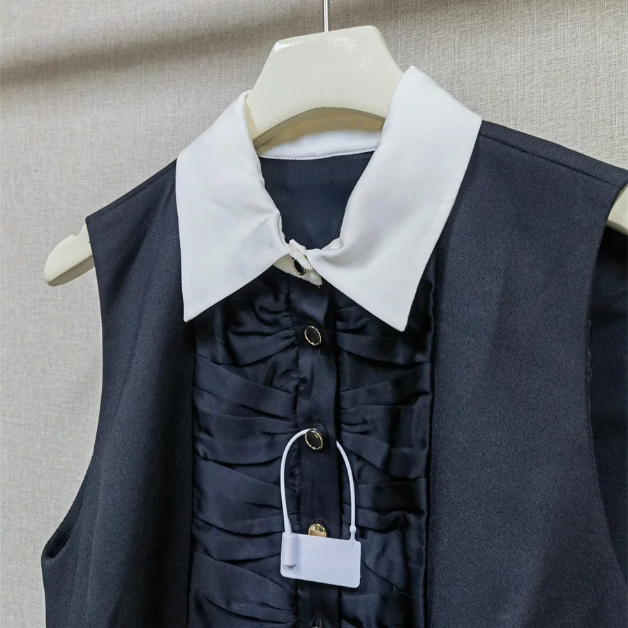 【هدية مجانية】 فستان فرنسي متخصص لخريف وشتاء 2025 بياقة قميص متباينة مكشكش بدون أكمام فستان سترة مستقيمة #3