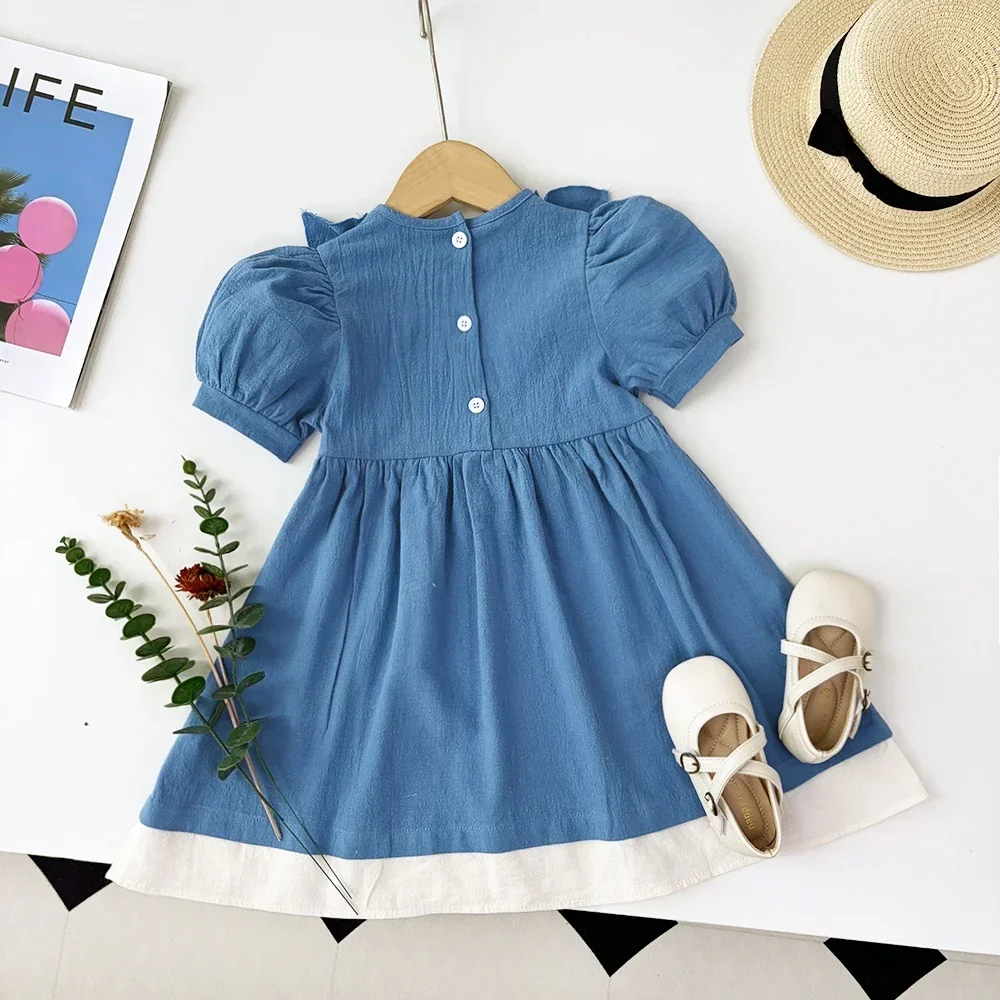 Baby Girls Clothing Solid Color Round Neck Stringy Selvedge Puff Sleeve Patchwork Dresses Summer Casual Kids Clothes