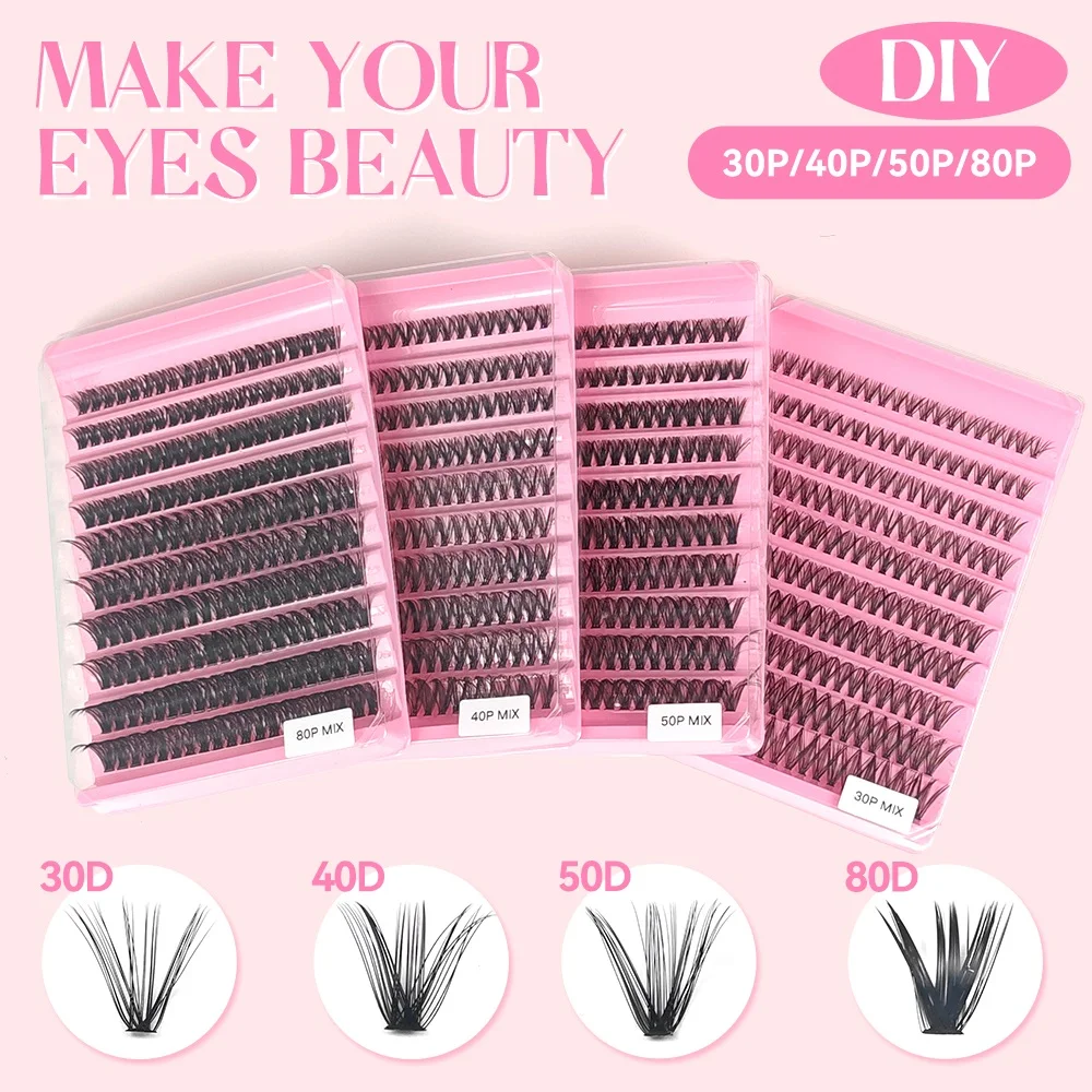 New 200pcs Individual Lash Clusters 30D 40D 50D 80D Anime Segmented Lashes Mix Length DIY Cluster Eyelashes Volume Faux Cils