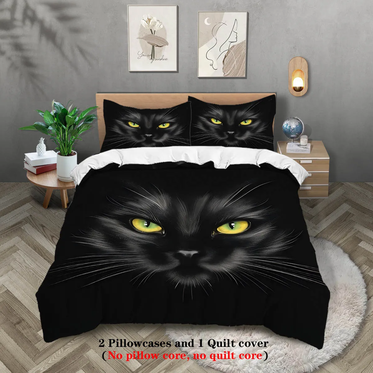 

3pc Black Cat Printed Chipless Product Set for Bedrooms, Dormitories, Multiple Sizes, Soft and Comfortable, Machine Washable