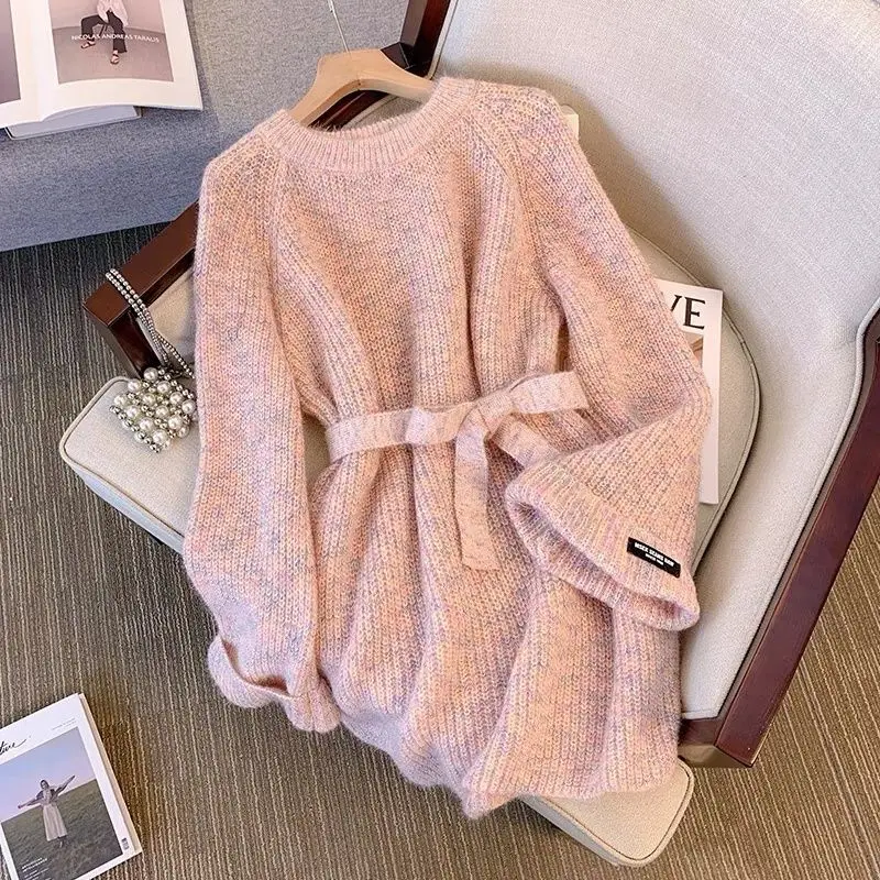 Women's Autumn Winter Fashion Solid Color Round Neck Pullover Waistband Long Sleeve Loose Medium Length Sweater Knitted Tops