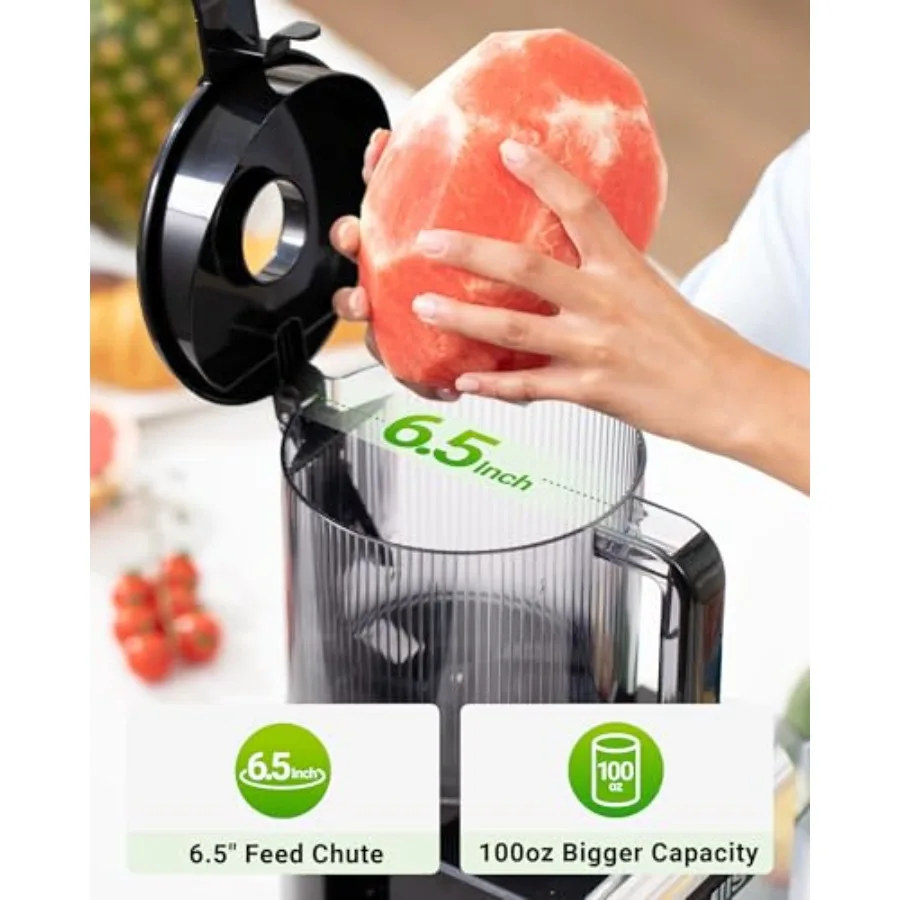 6.5インチの大きな投入口を備えたコールドプレスジューサーマシン。果物や野菜を丸ごと投入できる設計で、高いジュース収量効率を実現。