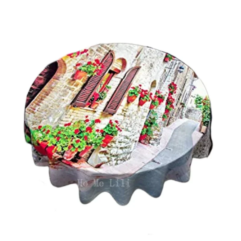 Classic Italian Alley Brick And Cobblestone Round Table Brown Red Green