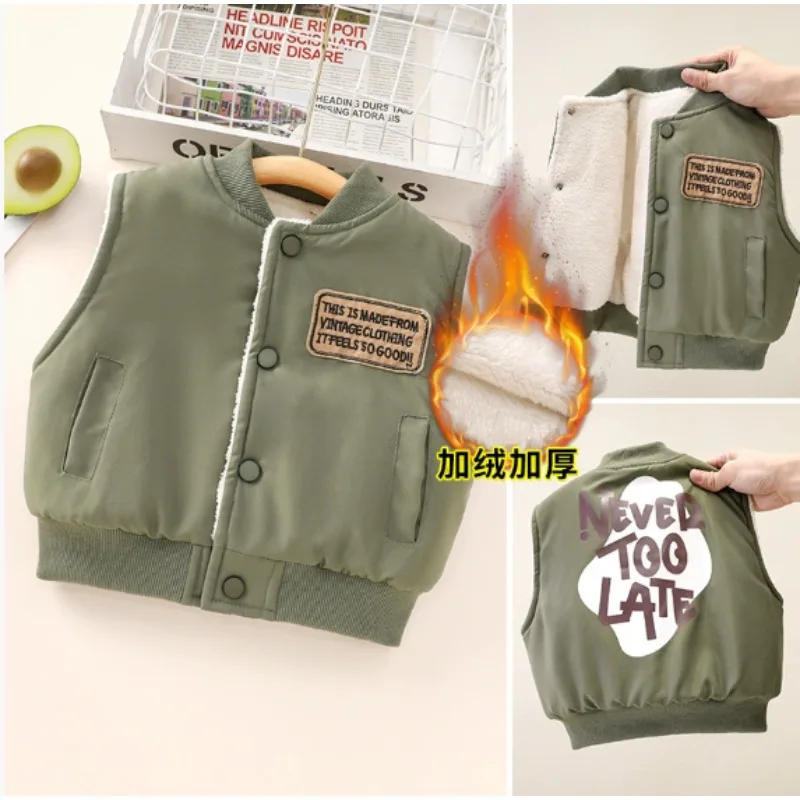 

2025 Boys Baseball Vest Autumn Winter Keep Warm Children Plush Waistcoat Girls Jacket Birthday Gifts 2-9 Years Kids Clothes