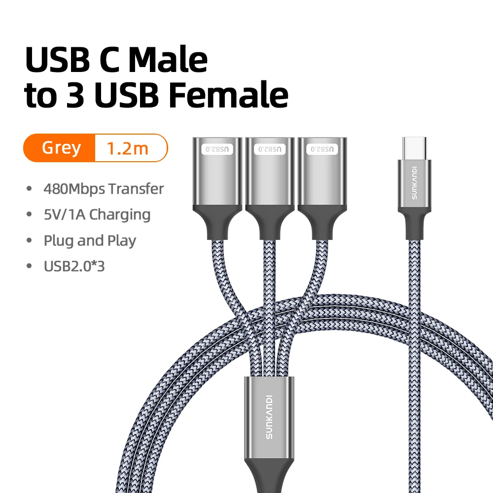 SUNKANDI USBC mannelijk naar dubbele USB A vrouwelijk 2.0-kabel, USB C mannelijk naar 3 USB 2.0 vrouwelijk verlengadapter voor tv, pc, laptop, MacBook