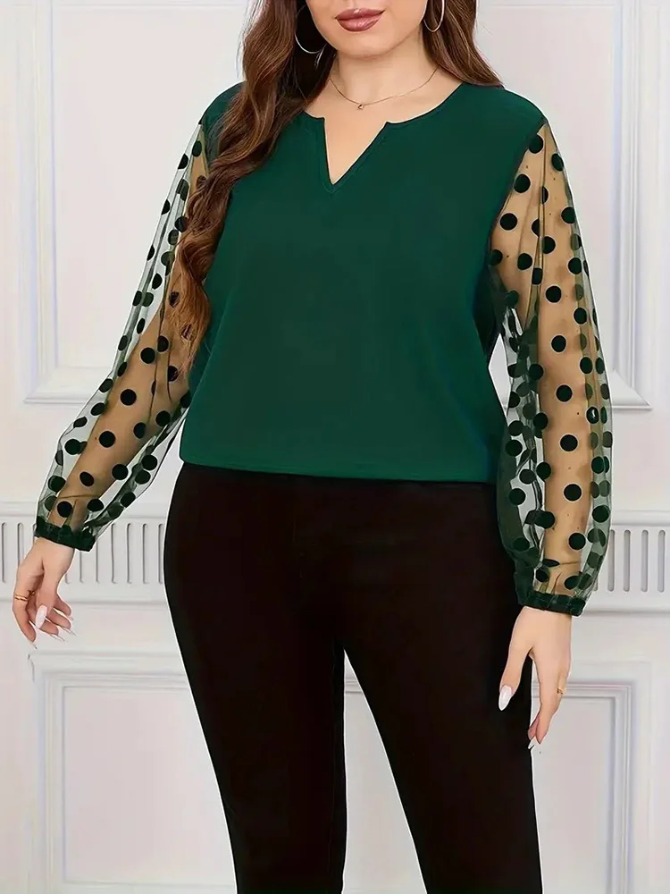 GIBSIE Plus Größe Kerbe Neck Dot Mesh Langarm Bluse Frauen Frühling Sommer Schwarz Elegante Büro Damen Casual Tops Blusen