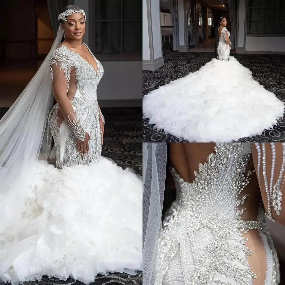 

Crystal Pearls Mermaid Wedding Dresses Bridal Gowns Long Sleeves V Neck Tiered Ruffles Chapel Train Robe De Soirée Mariage