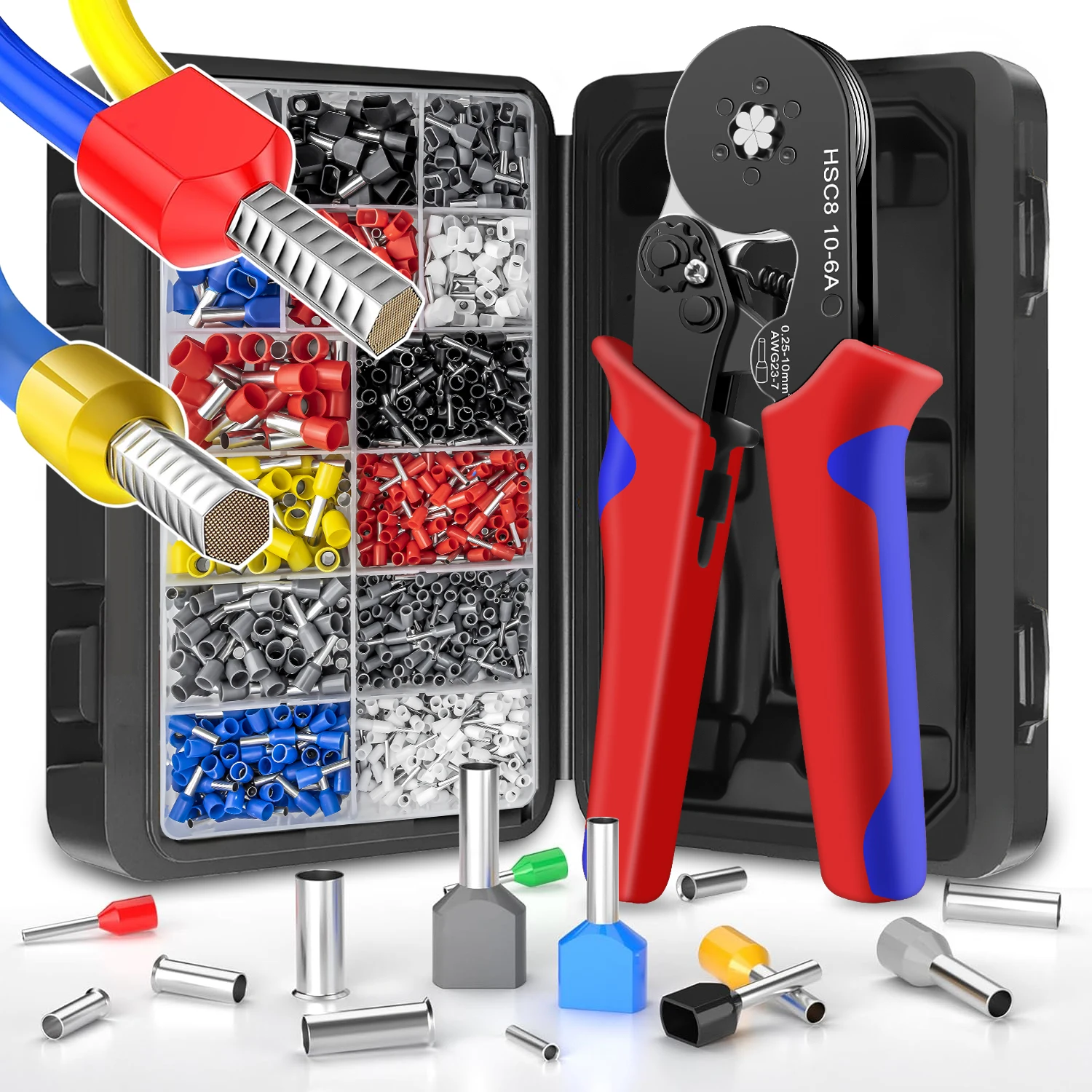 

BOX HSC8 10-6A TE1200PCS Wire Crimper Tool Set with Connectors Kit - Ratcheting Crimping Pliers for 0.25-10mm² AWG23-7 Terminals