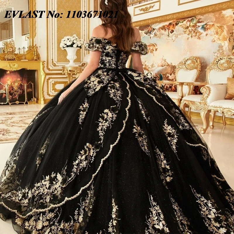 EVLAST Блестящее черное платье Quinceanera, бальное платье, золотой кружевной корсет с аппликацией из бисера и бриллиантов, Sweet 16, Vestidos De XV 15 Anos SQ79