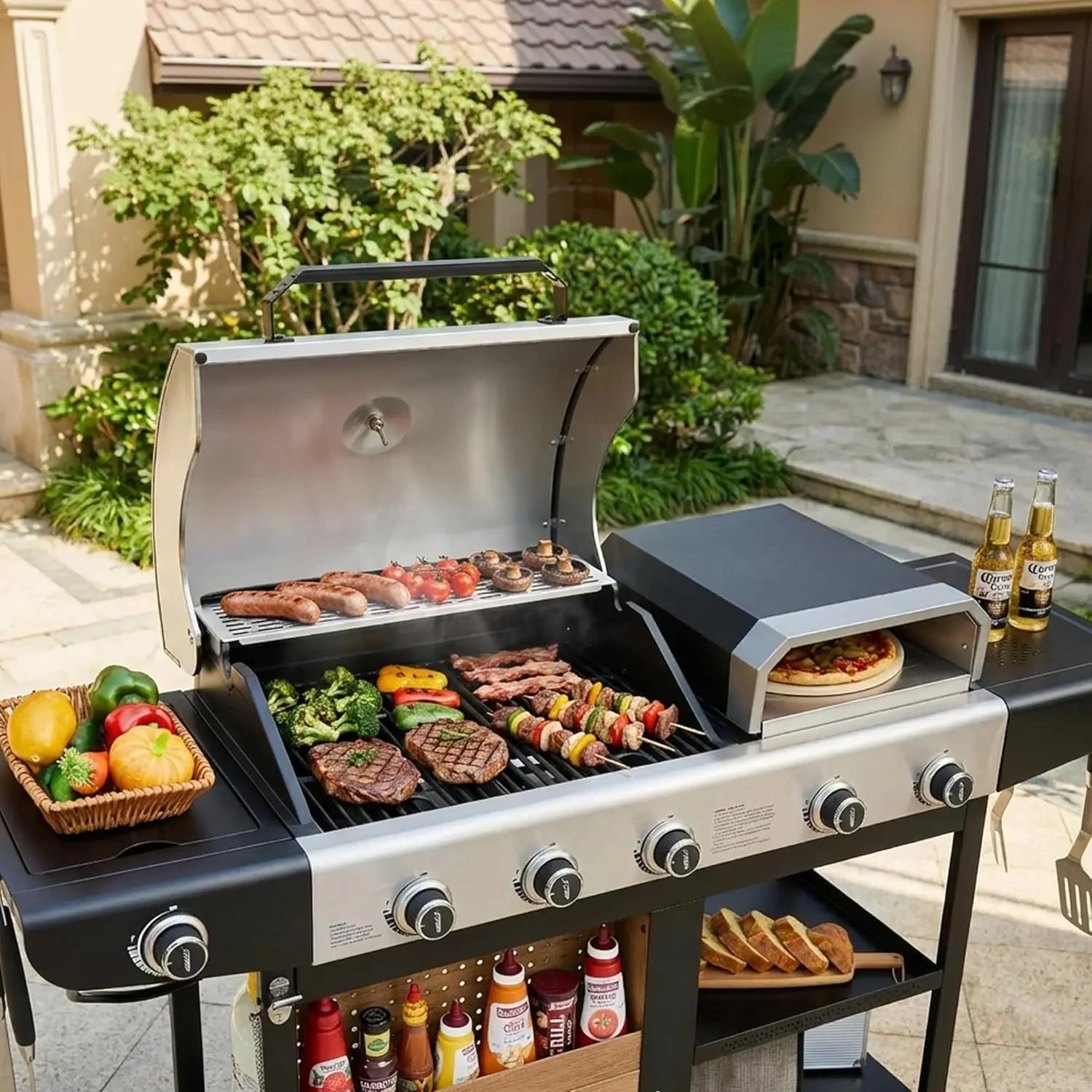 Black Premium Gas Grill Pizza Oven Combo Side Burner 59000 BTU 768sqin Auto Ignition Outdoor Backyard Patio BBQ Grill