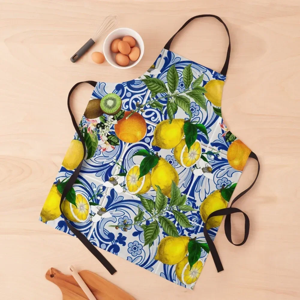 

Mediterranean Lemon on Blue Ceramic Tiles Apron Bib For Kitchen Funny Apron