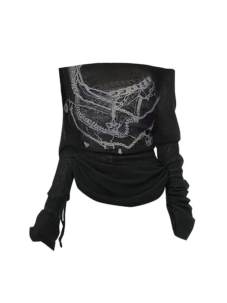 Y2K Spicy Girl One-Shoulder Cover-Up T-Shirt Women's Autumn Semi-Transparent Long Sleeve Design Slimming Drawstring Sun Prote...