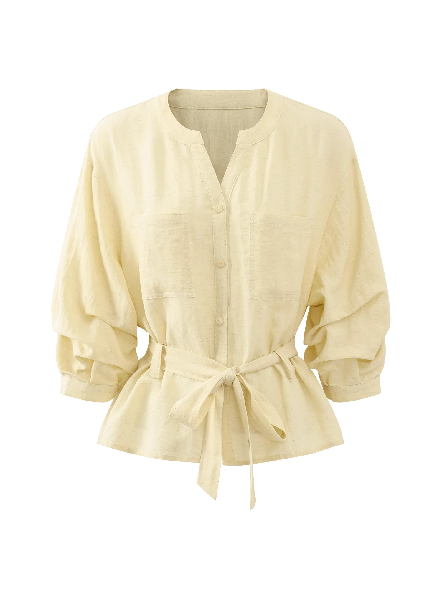 French Style Yellow Waist Tie Blouse Women Summer Loose Fit V Neck Oversized Shirt with Belt Lightweight Long Sleeve Casual Top