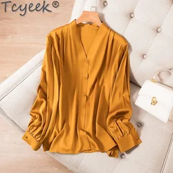 Tcyeek 93% Mulberry Silk Shirt for Women Elegant Women's Shirts Summer Clothes Long Sleeve Womens Tops Casual Рубашка Женская