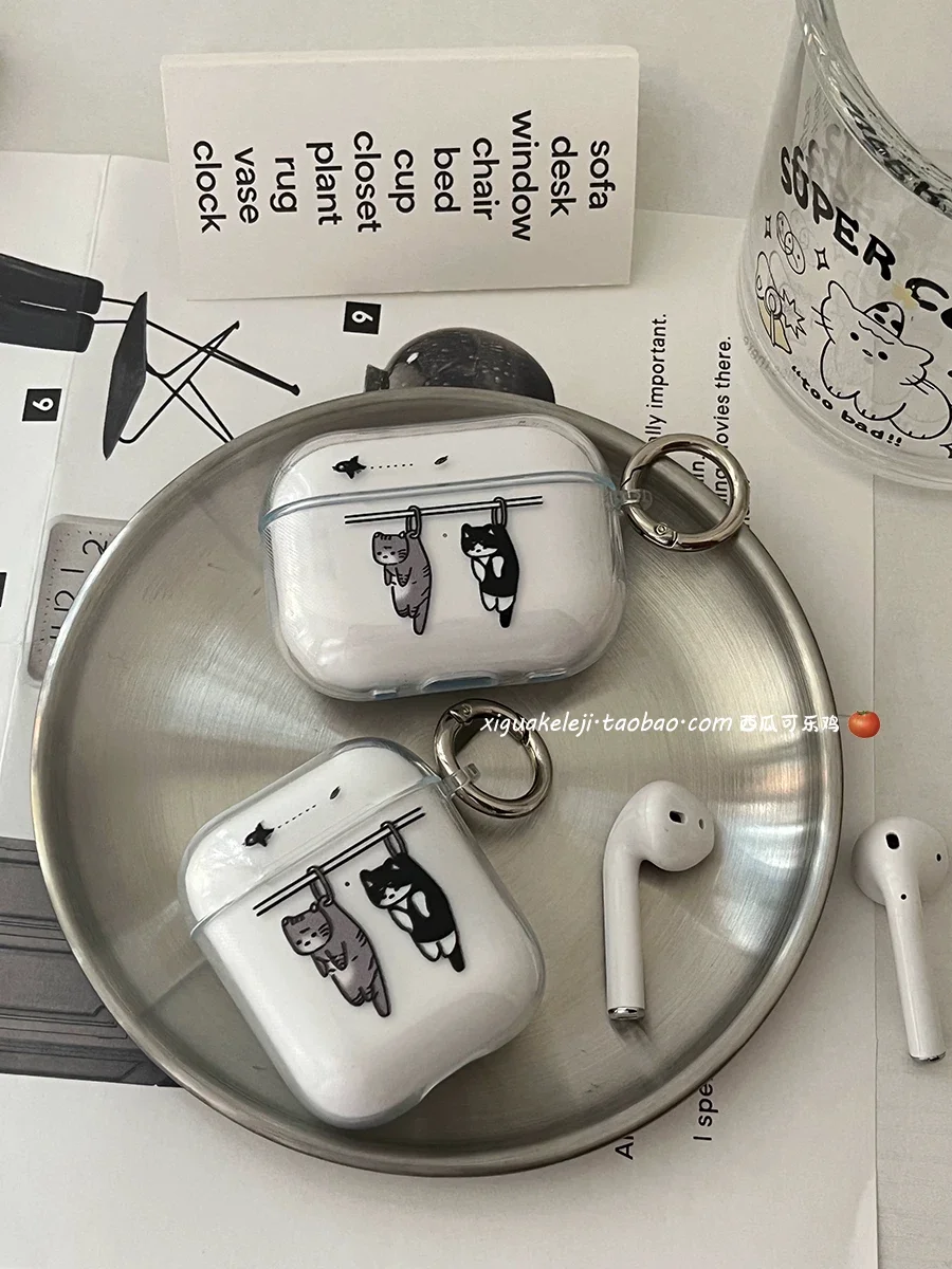 Funda para auriculares Airpods 1, 2, 3, 4 y Airpods PRO 2, 3 con diseño de gatito kawaii y gato negro, estilo Y2K, transparente, para auriculares inalámbricos Bluetooth, resistente a caídas.