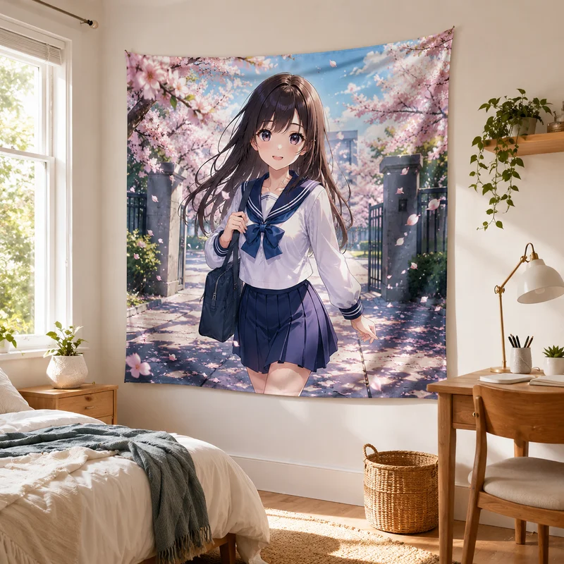 VIKAMA Spring Cherry Blossoms JK Girl Tapestry Full of Pink Cherry Blossoms Falling Sailor Uniform Girl Anime Room Decoration