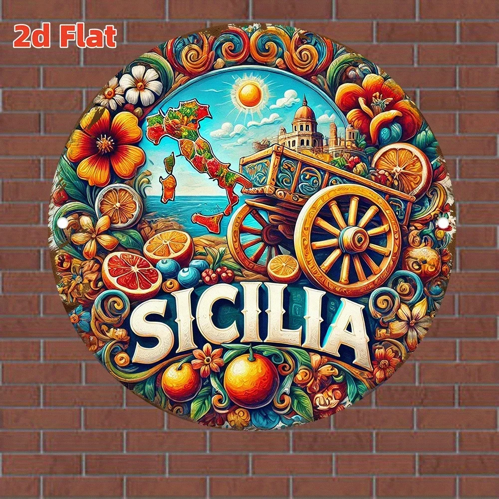 Panneau métallique plat 2D avec paysage vintage de Sicile, mettant en valeur une décoration vibrante avec un chariot sicilien et des monuments