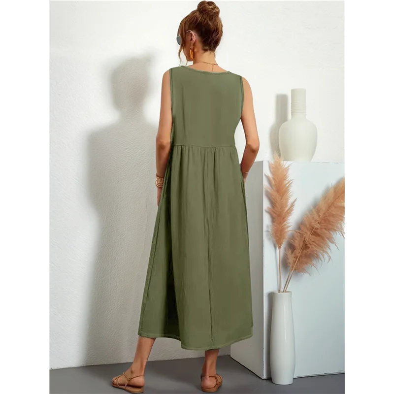 ABRT-Vestido maxi feminino 2025 Vestidos de verão sem mangas com decote em V Vestidos de verão casuais em camadas com bolsos