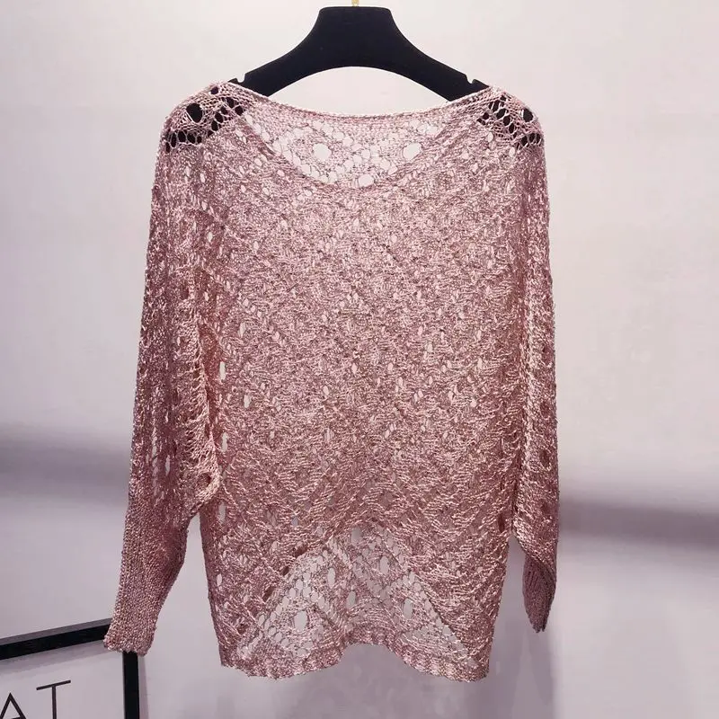 European and American fashion casual loose large size pink hollowed out glitter silk bat sleeve sweater top thin sequin sweater