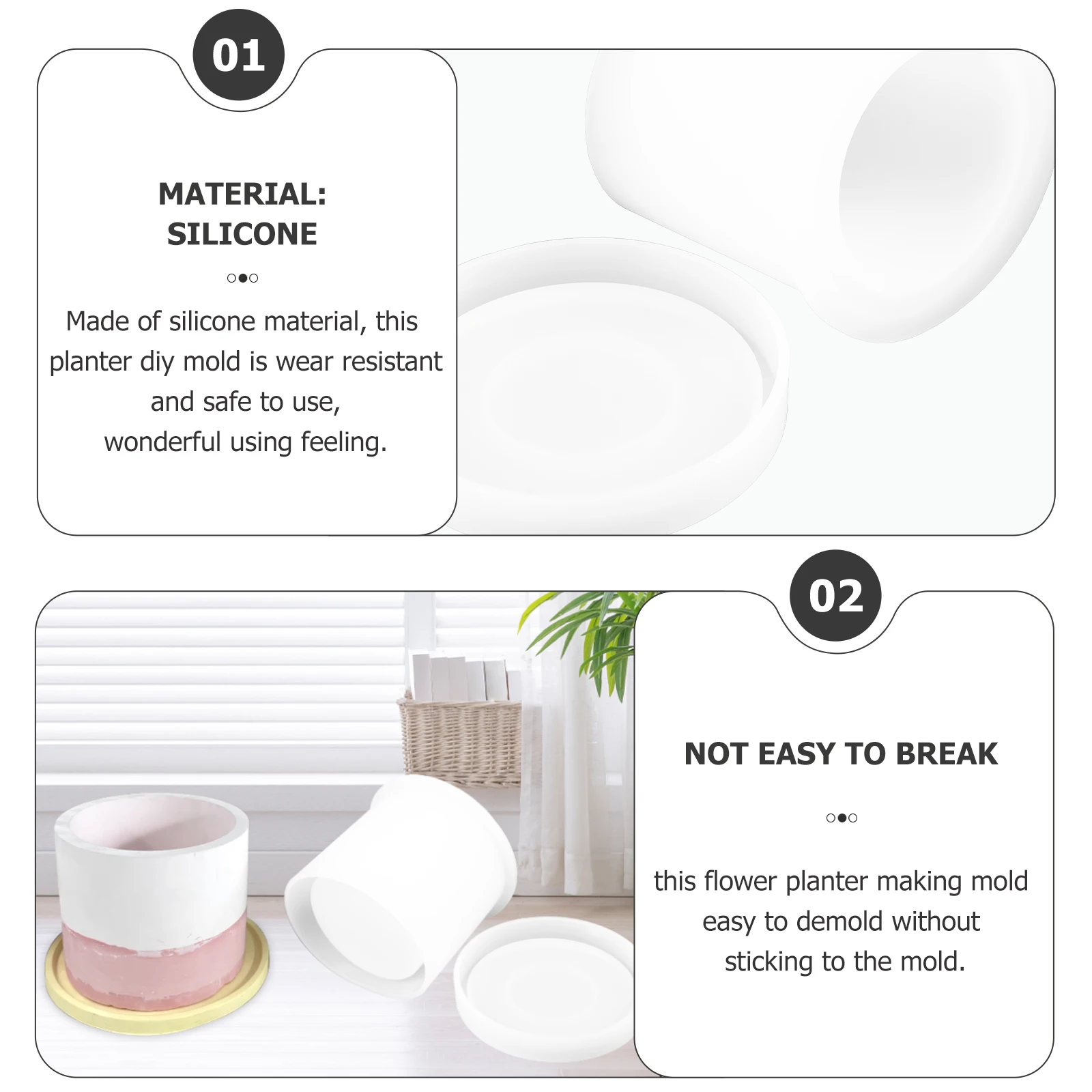 

1 set Round Flower Pot Mold Silicone Planter Saucer Coaster Vase Succulent Molds for Diy Epoxy Casting Concrete Crafts
