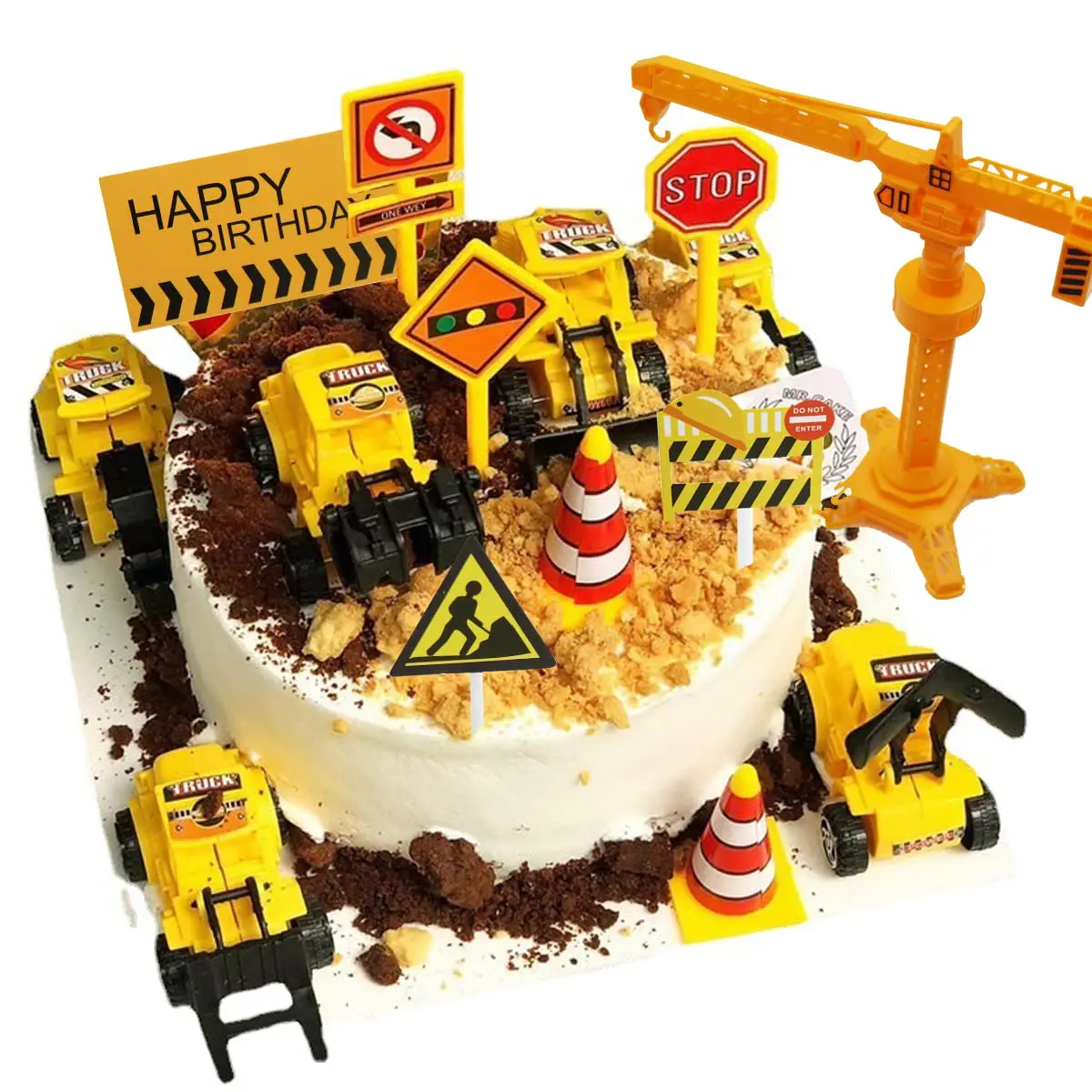 Construction cake Decorations Excavator Tower Crane Traffic and Road Sign Cake Topper for Boy Birthday Party Supplies