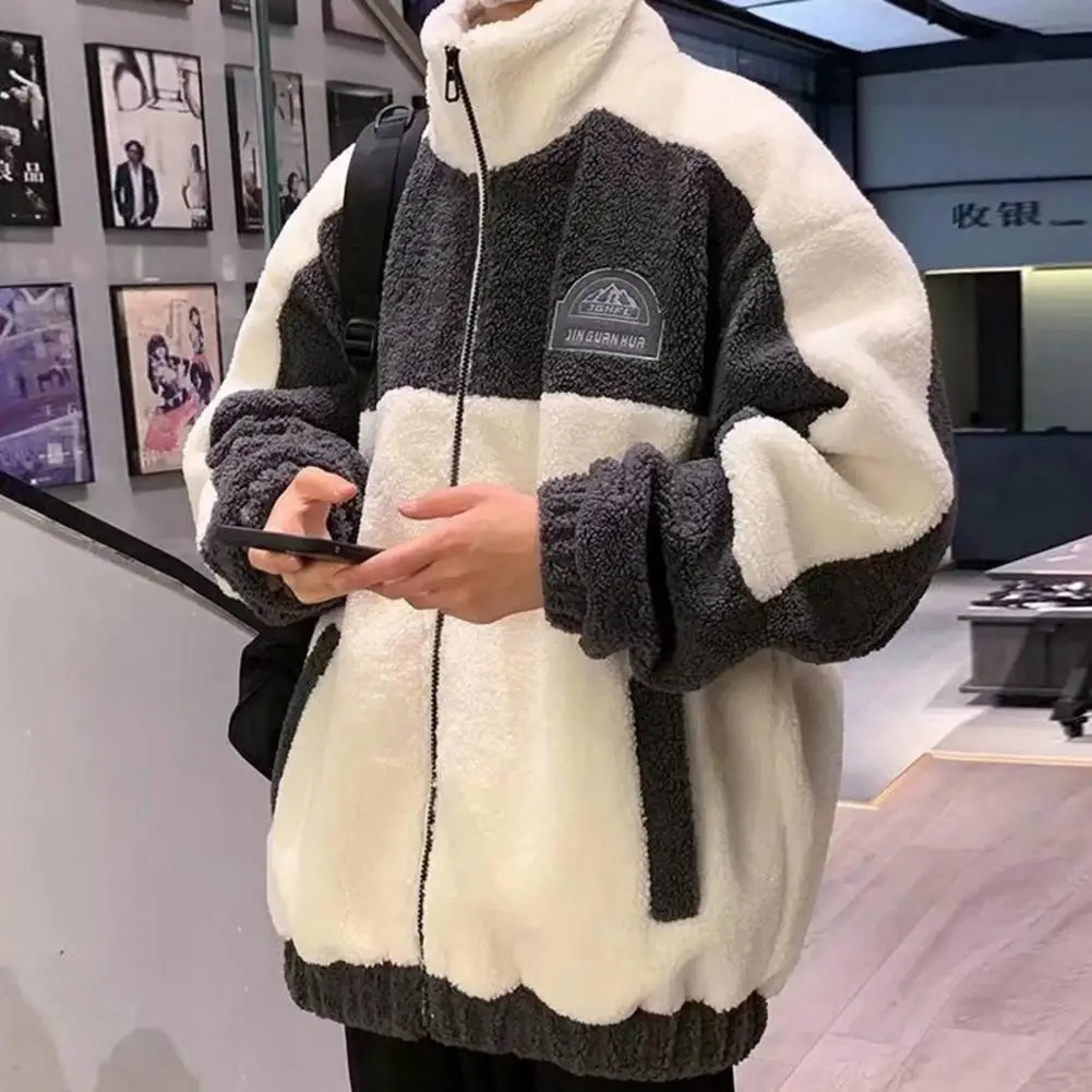 Autumn Winter Imitation Cashmere Coat Men Stand Collar Long Sleeve Pocket Jacket Coat Patchwork Color Loose Plush Jacket