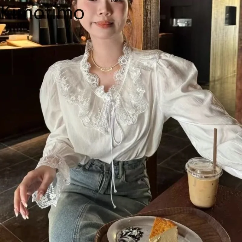 

Kimotimo Lace Ruffled Tie White Shirts Women Spring Puff Sleeve Transparent Versatile Tops French Gentle Sweet Blouses Blusas