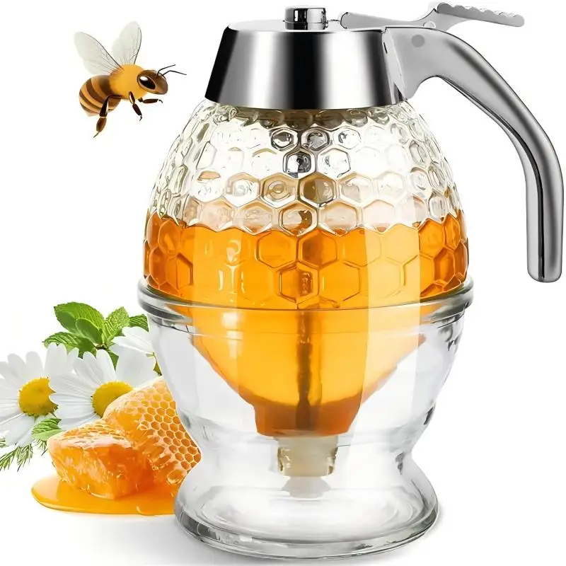 

Honey Dispenser No Drip Glass 8 oz, Maple Syrup Dispenser, Honey Jar with Stand, Beautiful Honey Comb Shaped Honey Pot, Perfect