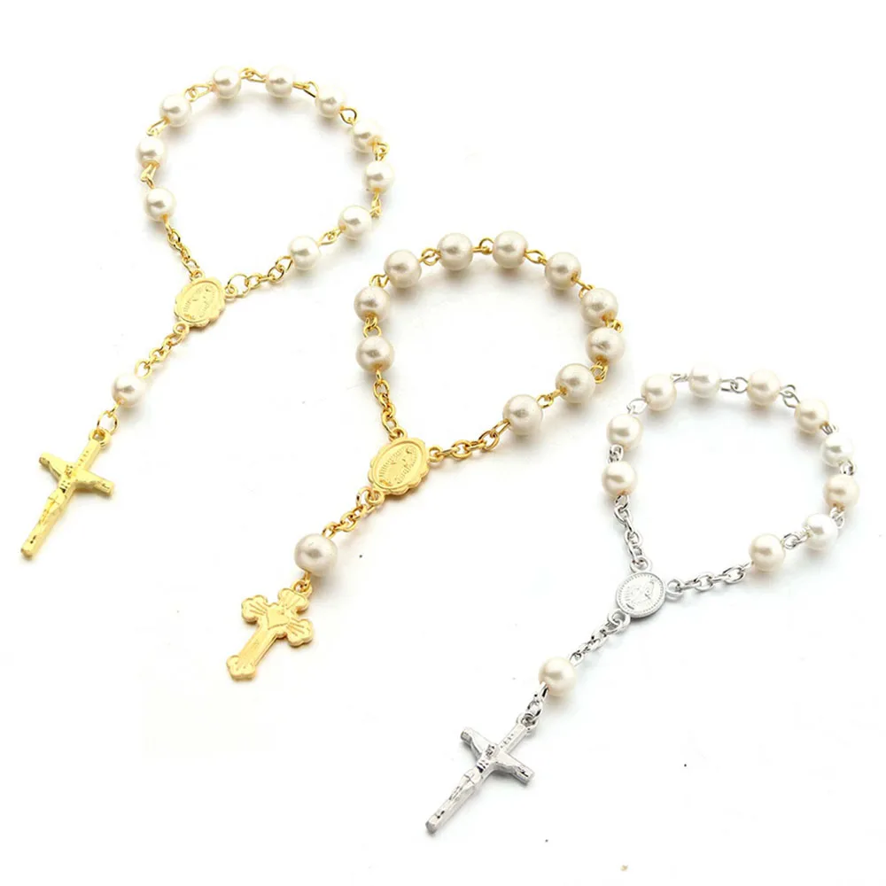 Rosario de Bautismo con perlas de imitación para dedo, cuentas de 10/20/30 piezas, recuerdo de bautismo, comunión
