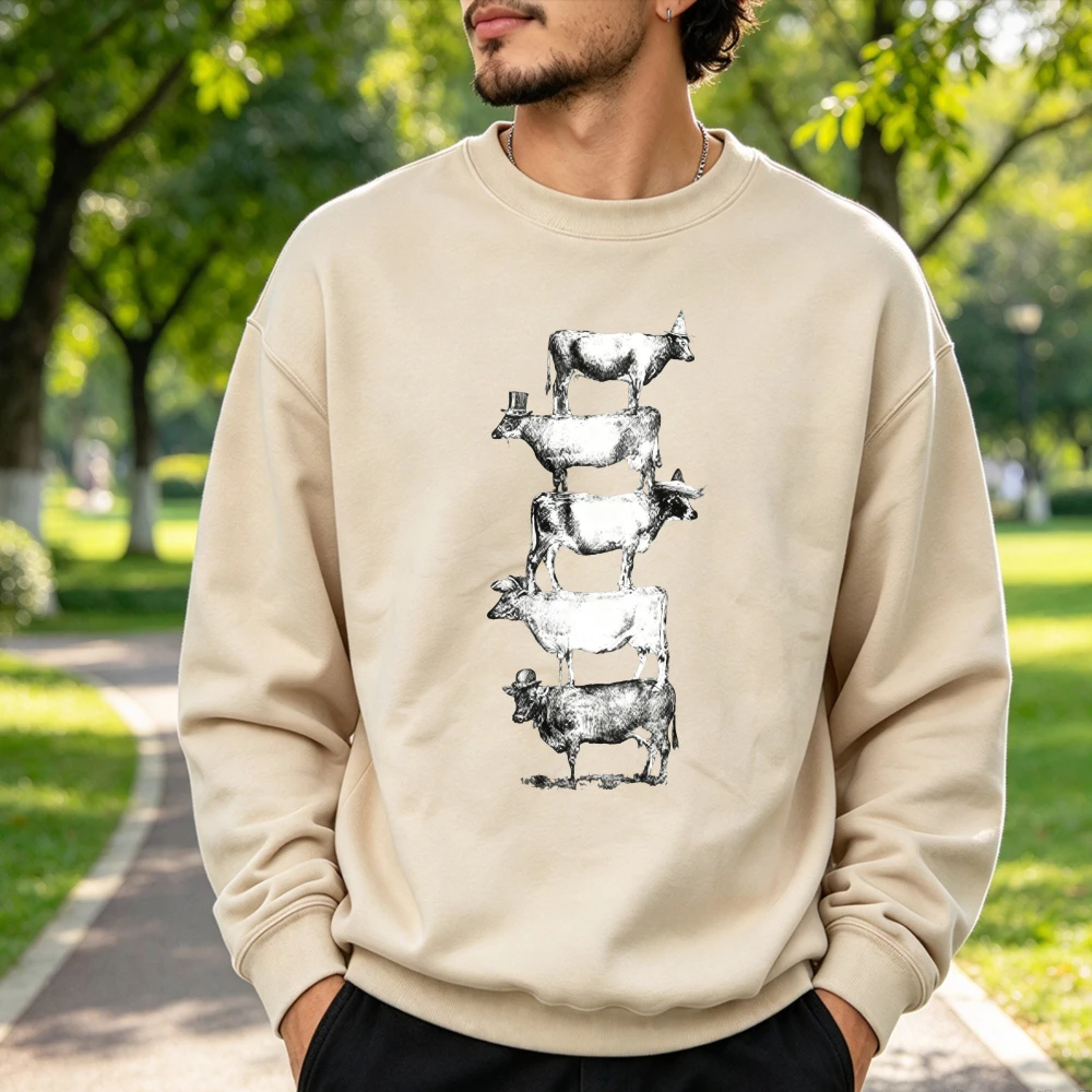 Stacked Cows with Party Hats Sweatshirt Vintage Black White Stack Farm Cow Art Print Pullover Funny Animal Casual Sweatshirt Top