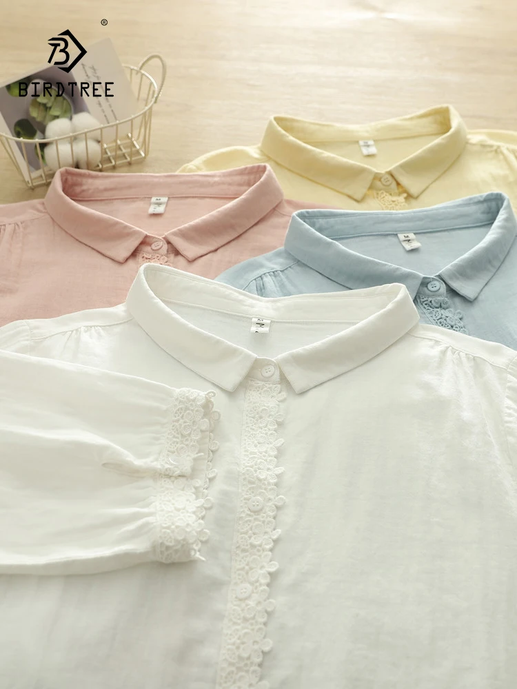 

Новая летняя женская блузка из хлопковой пряжи с рукавом до локтя, отложным воротником и кружевом, в стиле Mori Girl, французская нежная мягкая свободная блузка T64590CC