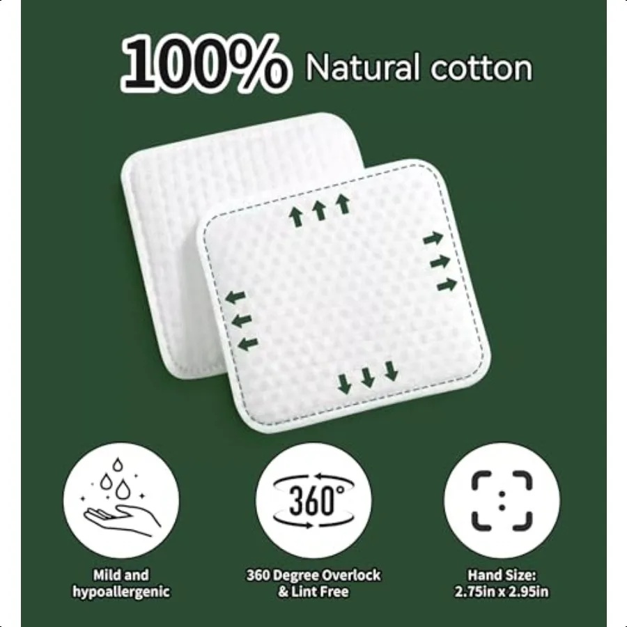 وسادات قطنية مربعة كبيرة 100 قطعة 100 قطن خالية من الوبر زوايا مستديرة ناعمة متعددة الطبقات لإزالة المكياج وتنظيف الوجه