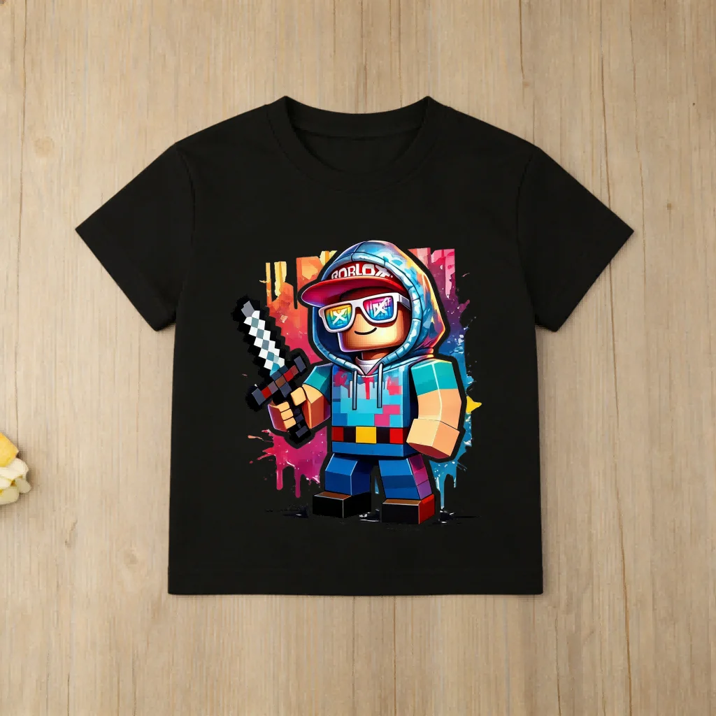 Camiseta infantil Roblox Game Player com estampa de fone de ouvido e controle, camiseta de verão de algodão respirável para meninos e meninas