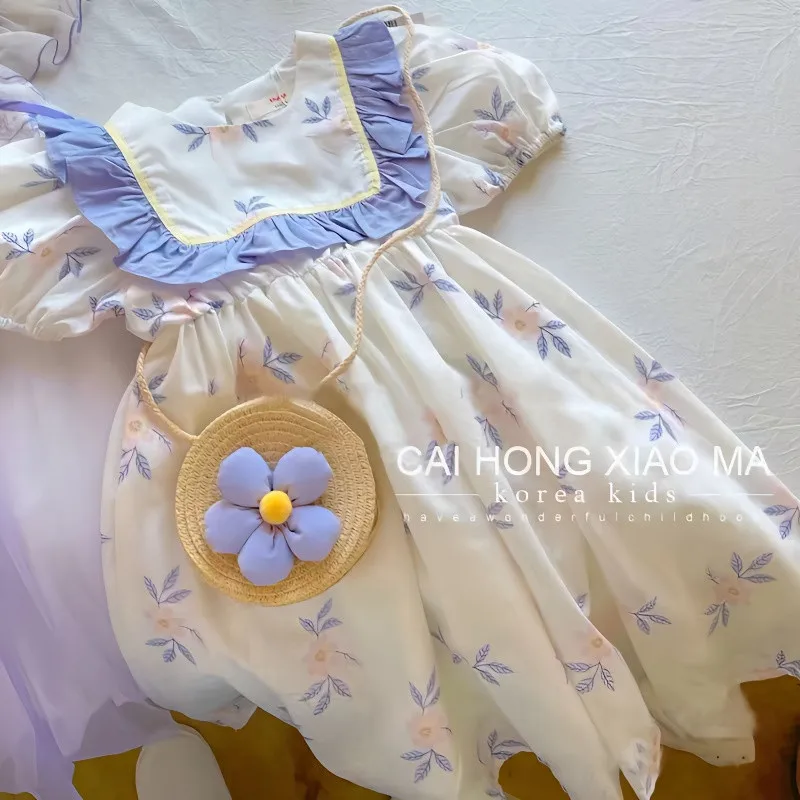 

Girls Summer New Style Dress Children's Lace Trim Bubble Sleeve Princess Dress Cute Sweet Print Skirt for Kids