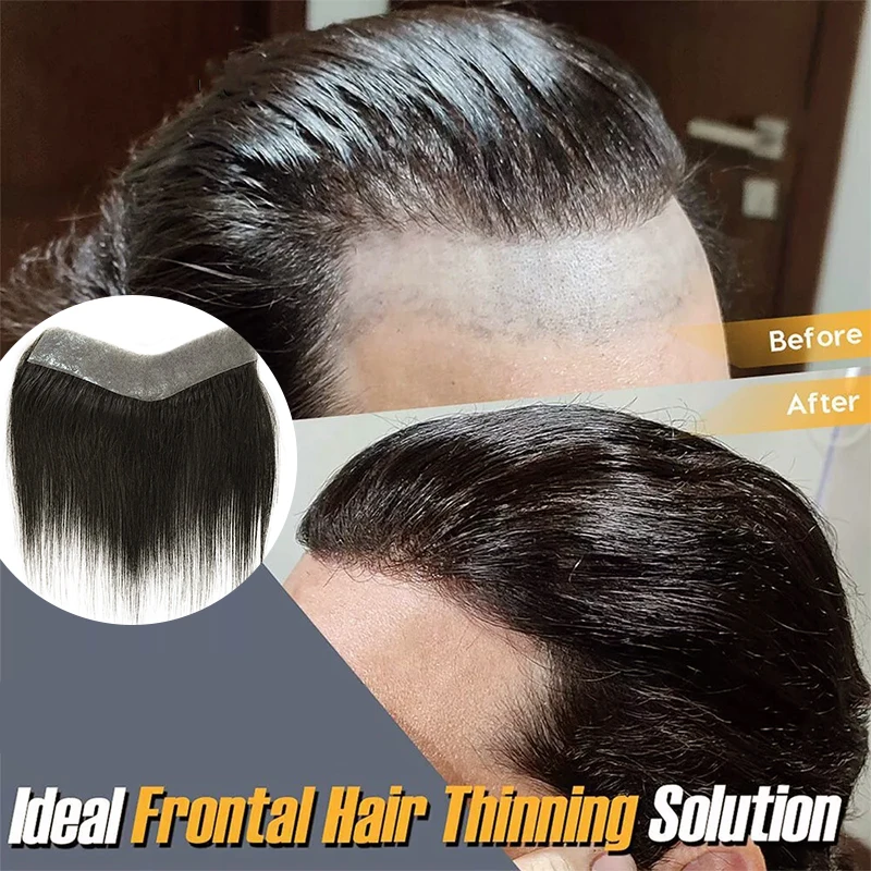 100% Human Hair Men 1B PU V Loop Front Toupee Hairline Front Natural Hair Male Replacement System Hairpiece Invisible Extensions