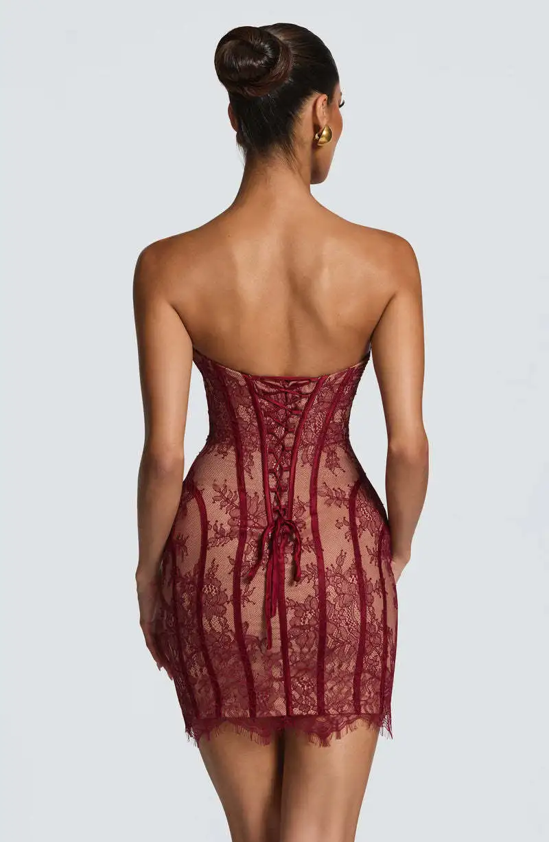 Summer 2026 Women's Strapless Lace Midi Dress Luxury Black Bodycon Elegant Evening Club Party Celebrity Style view 6