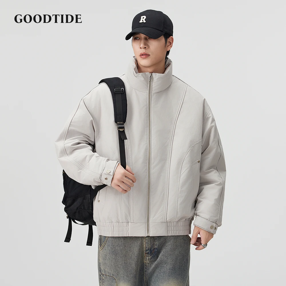 سترة منفوخة غير رسمية للرجال لشتاء 2025 بياقة ثابتة وحاشية مضلعة وتصميم فضفاض مناسب للرجال سترة دافئة للأسفل