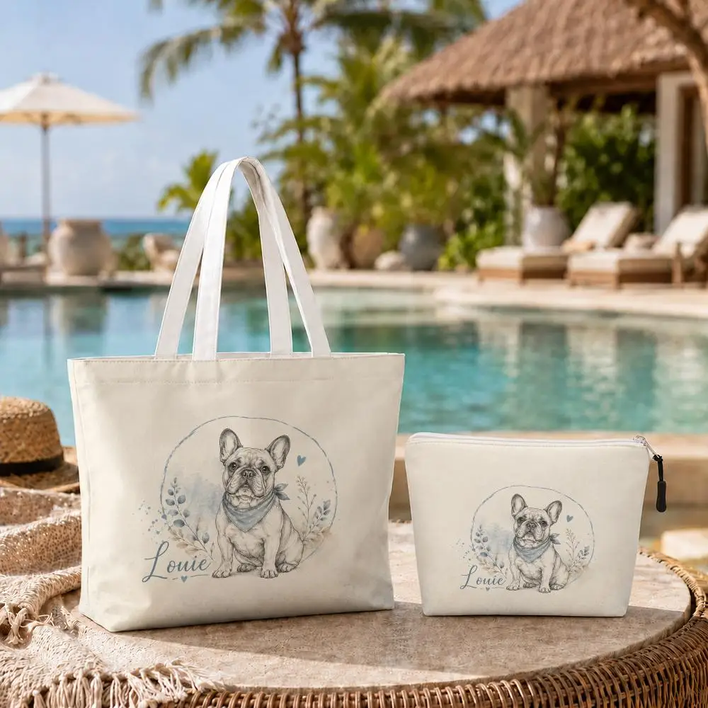 Watercolor Pet Portrait Storage Bags 2-Pcs Canvas Tote Bag with Zipper Reusable Tote Bags for Shopping Travel Work Gifts