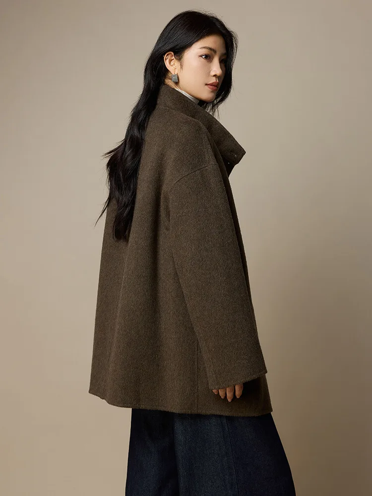 Birdtree, korte jas van wolmix, casual losse tops met opstaande kraag, dubbelzijdig wollen, herfst-winterjas van 2025 T5N410JF