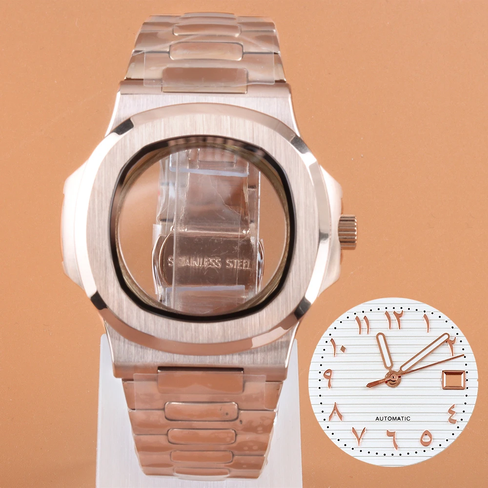 

40mm Rose gold 316L Steel for Nautilus Case NH35 NH36 NH38 Movement 29.8mm Dial Hands Green Luminous Watch Repair Replacement
