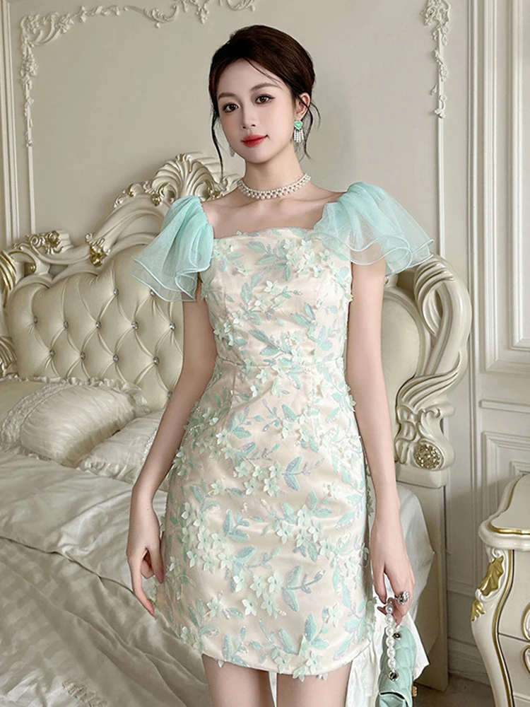 แฟชั่นฤดูร้อนลูกไม้เลื่อมดอกไม้วันหยุดชุดราตรีเสื้อผ้าผู้หญิงสาวหวานเซ็กซี่แขนฟอง Slim Party Prom Vestidos