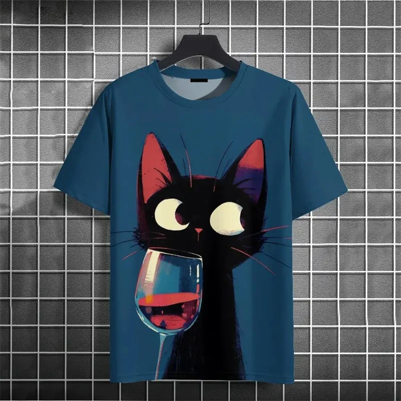 Funny Black Cat Wine Glass Art Print T‑Shirt Creative Cartoon Graphic Short Sleeve Casual Streetwear Tee Tops