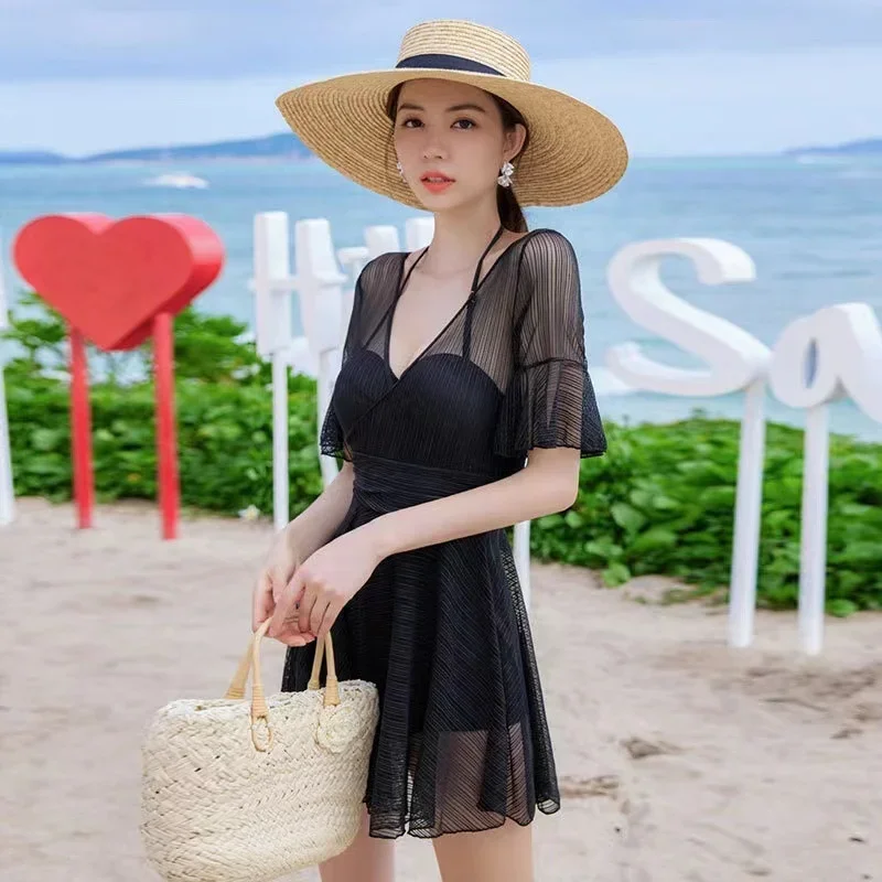 One Piece Solid Swimsuit Skirt Women Conservative Push Up With Pad Swimming Dress Swimwear Bathing Suit Beach Wear Monokini