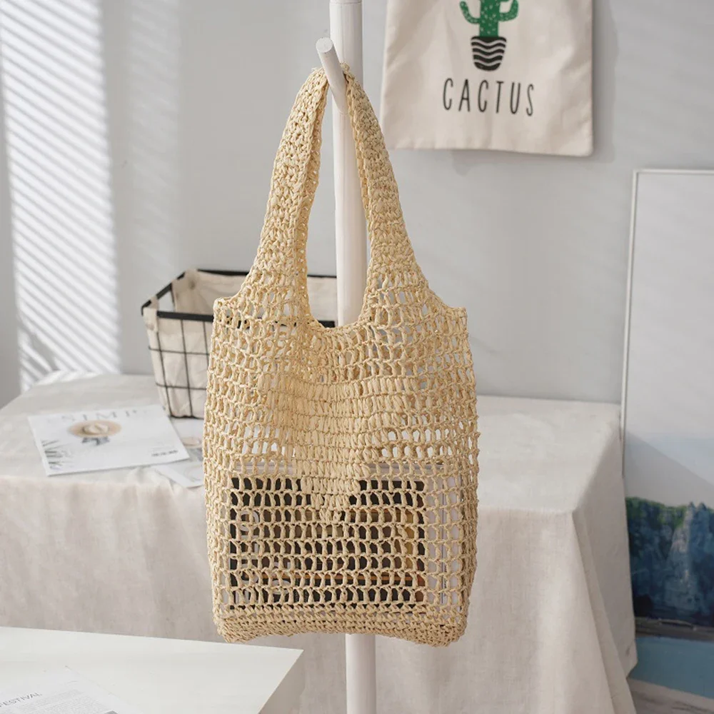 Fashion Summer Beach Straw Bags Women Shoulder Bag Female Hollow Handwoven Soft Handbag Large Casual Tote Simple Storage Bag