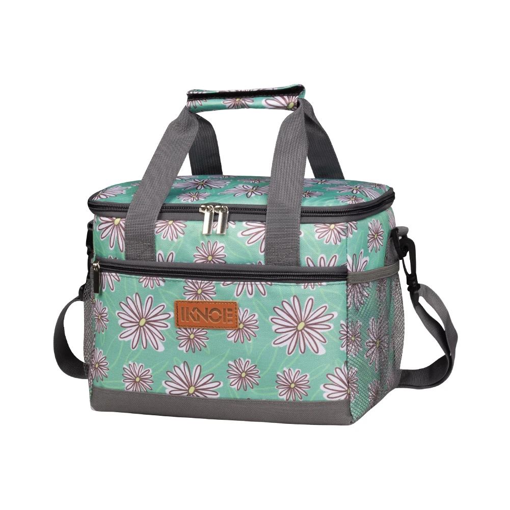 귀여운 핸드백 스타일의 꽃무늬 프린트 보온 도시락 가방 여성용 크로스바디 음식 보관 쿨러 아이스 케이스 캠핑 가방