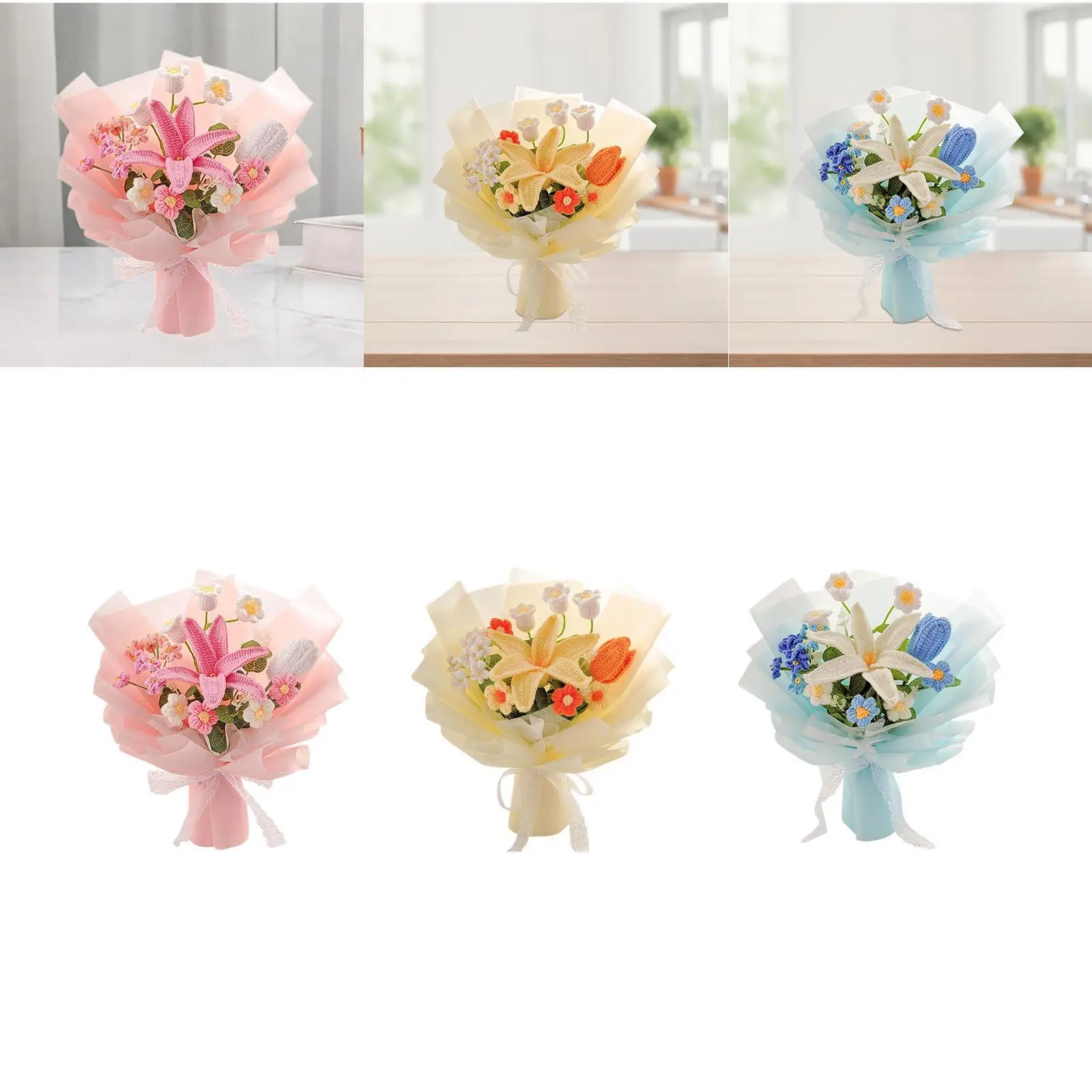 

Crochet Flower Bouquet Lily, Wedding Knitted Fake Flowers Decoration Home Preserved Flower Artificial Flower for Thanksgiving