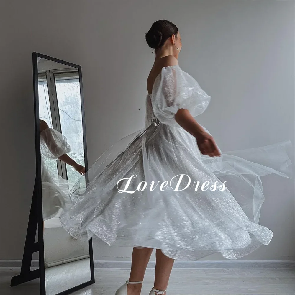 Robe de Mariée en Tulle Brcorporelle, Élégante, Longueur Thé, Manches Bouffantes, Dos aux, à Lacets, Plissée, pour Patients