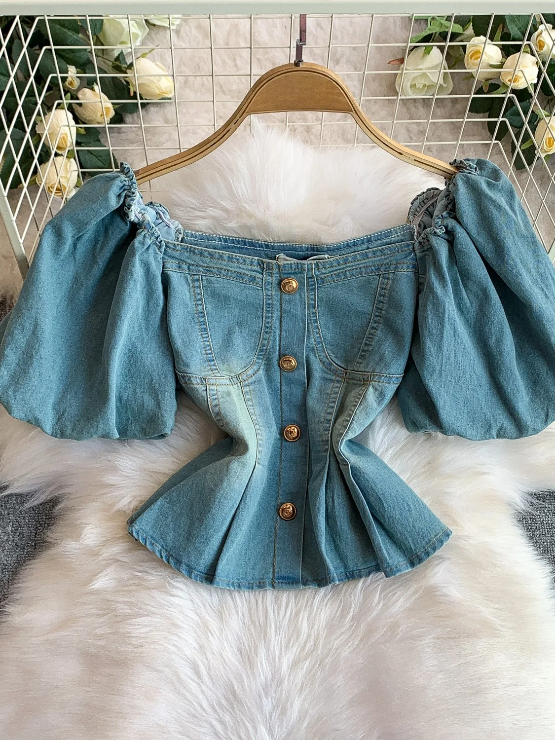 

Ele adient Color High Waist Denim Skirt And Bubble Sve irt Set Square Collar Luxury Metal Bule Faionable Women...