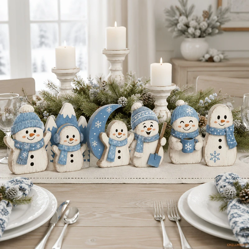 Wooden Snowman Figurine for Winter Christmas Decor – Featuring Moon, Mountains, Pine Trees, and Mug Elements