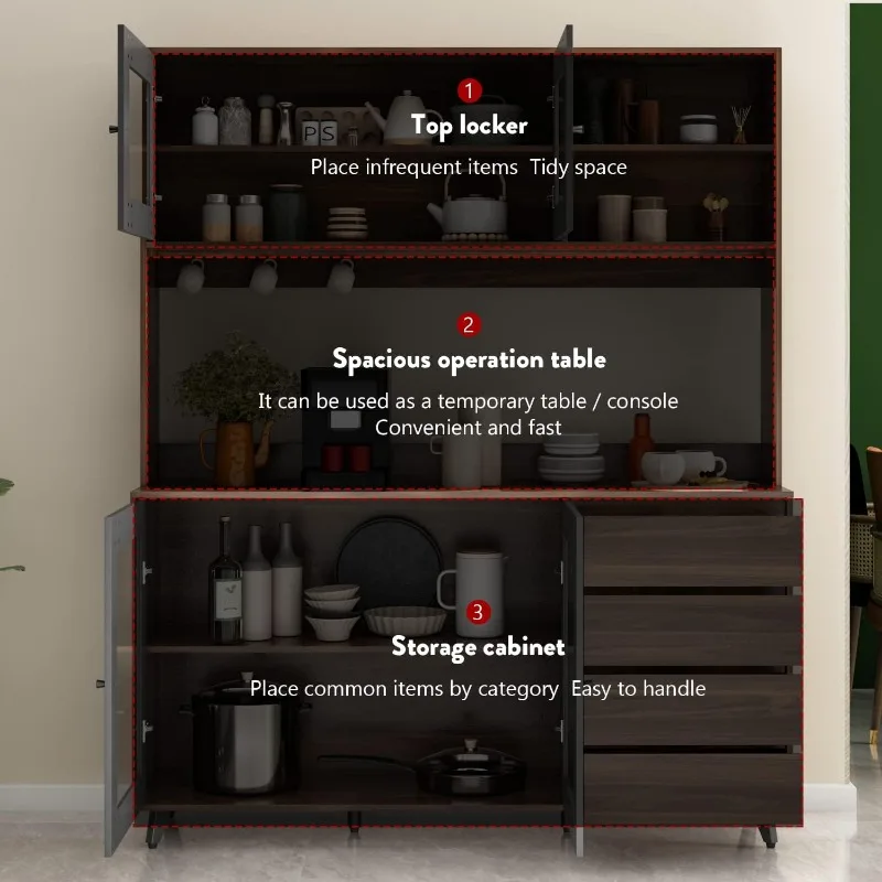 Large Kitchen Hutch Cabinet, Storage Cupboard Pantry with 4 Glass Doors, 4 Drawers & Microwave Shelf, for Kitchen Open Storage